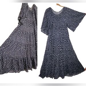Doen Blue Cotton Floral Maxi Dress w/Cotton Slip Lining Block Print Boho India S